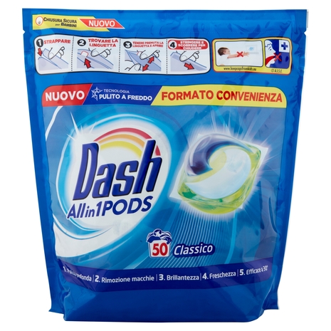 Dash PODS Allin1 Detersivo Lavatrice in Capsule per Bucato Classico 50 Lavaggi 1260 g